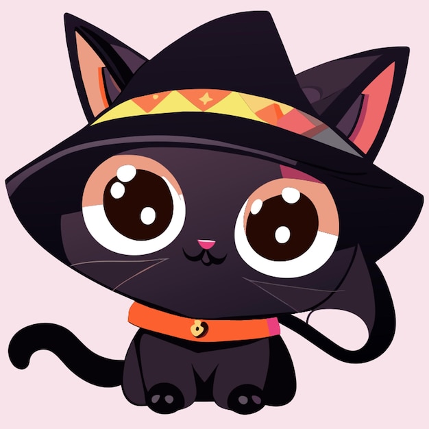 dibujos animados de gatos negros lindos en una ilustración vectorial de sombrero de bruja
