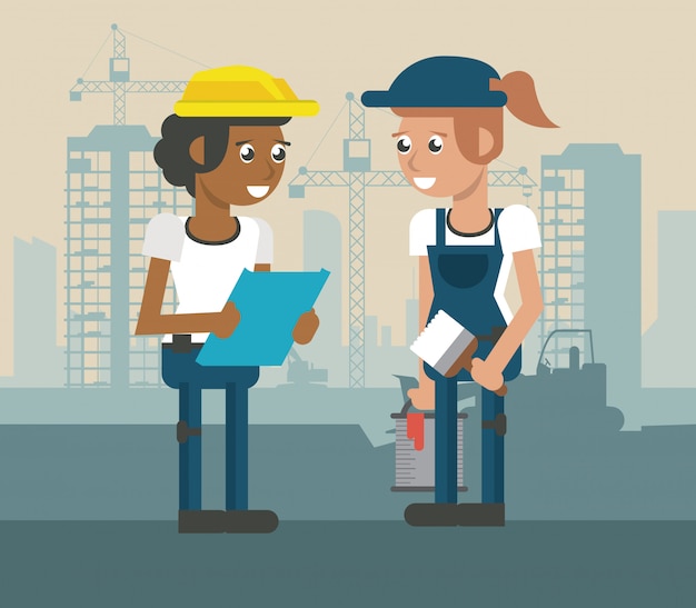 Vector dibujos animados geométricos de los trabajadores de construcion