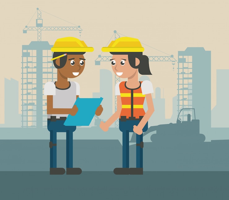 Vector dibujos animados geométricos de los trabajadores de construcion