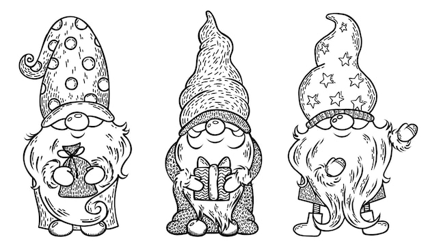 Dibujos animados de gnomos navideños vectoriales Cute Little Christmas Gnome Collection Gnomos de año nuevo con regalos en sombreros