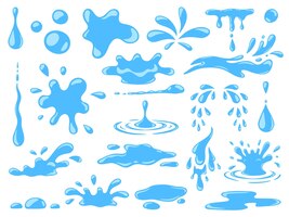 Vector dibujos animados de gotas de agua azul que gotea, salpicaduras, aerosoles y lágrimas. flujo de líquido, ola, corriente y charcos. conjunto de vectores de formas de movimiento de agua de naturaleza. ilustración de gota de agua de lluvia, salpicaduras de líquido