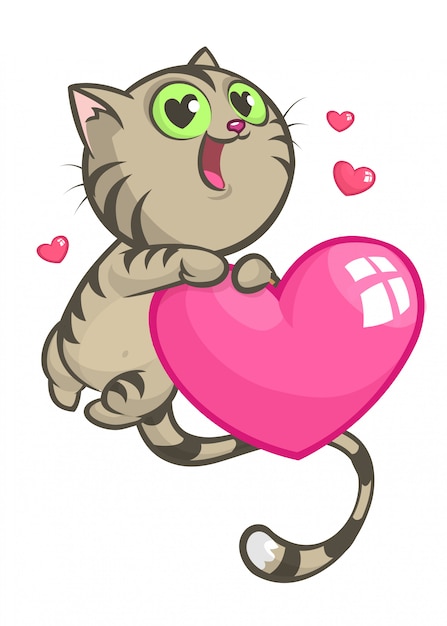 Dibujos animados gracioso gatito sosteniendo un corazón amor. ilustración para el día de san valentín.