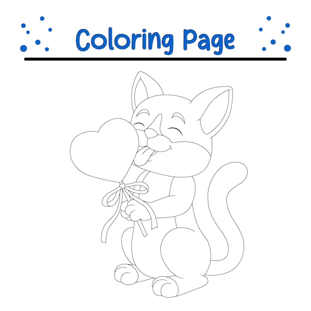 dibujos animados gracioso gato comiendo corazón piruleta caramelo página de colorear ilustración vectorial