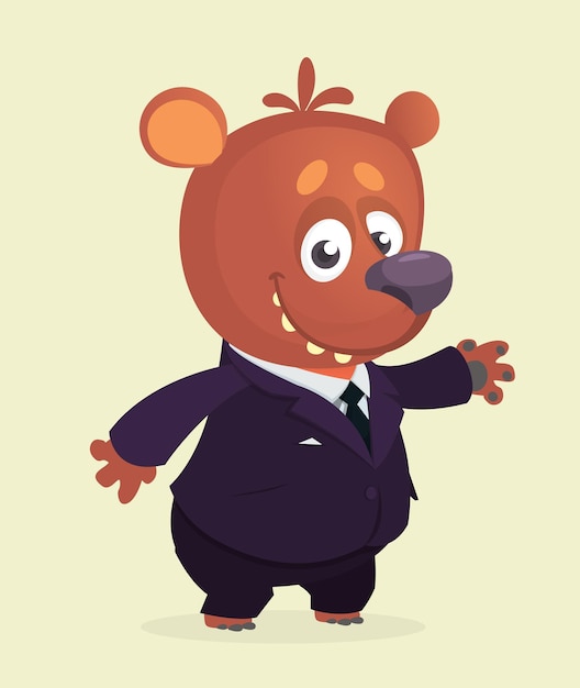 Dibujos animados gracioso oso grizzly sonriente vistiendo toxedo o traje de negocios ilustración vectorial