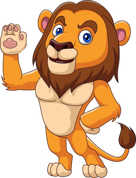Dibujos animados graciosos león agitando la mano