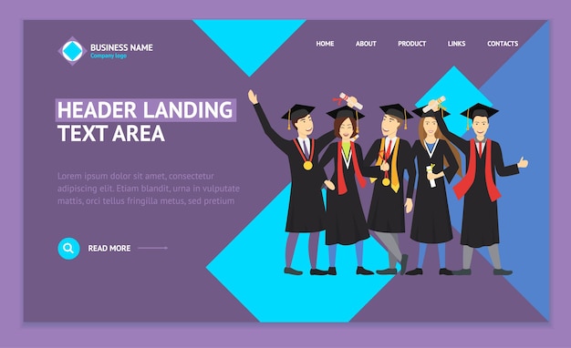 Dibujos animados La graduación de estudiantes felices Página web de aterrizaje Plantilla Concepto de educación Elemento Estilo de diseño plano Ilustración vectorial del icono Estudiantes