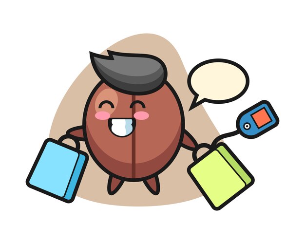 Dibujos animados de grano de café con una bolsa de compras