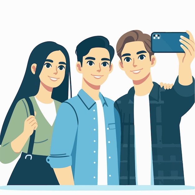dibujos animados de un grupo de jóvenes tomando selfies con un teléfono inteligente en un estilo de diseño plano