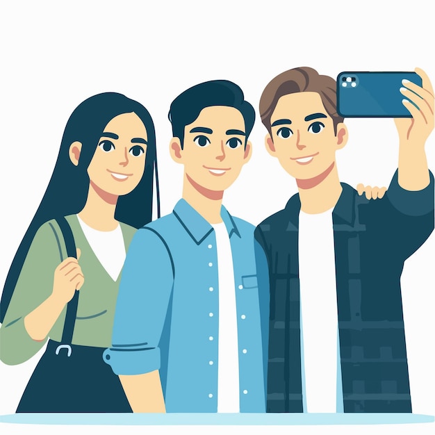 Vector dibujos animados de un grupo de jóvenes tomando selfies con un teléfono inteligente en un estilo de diseño plano