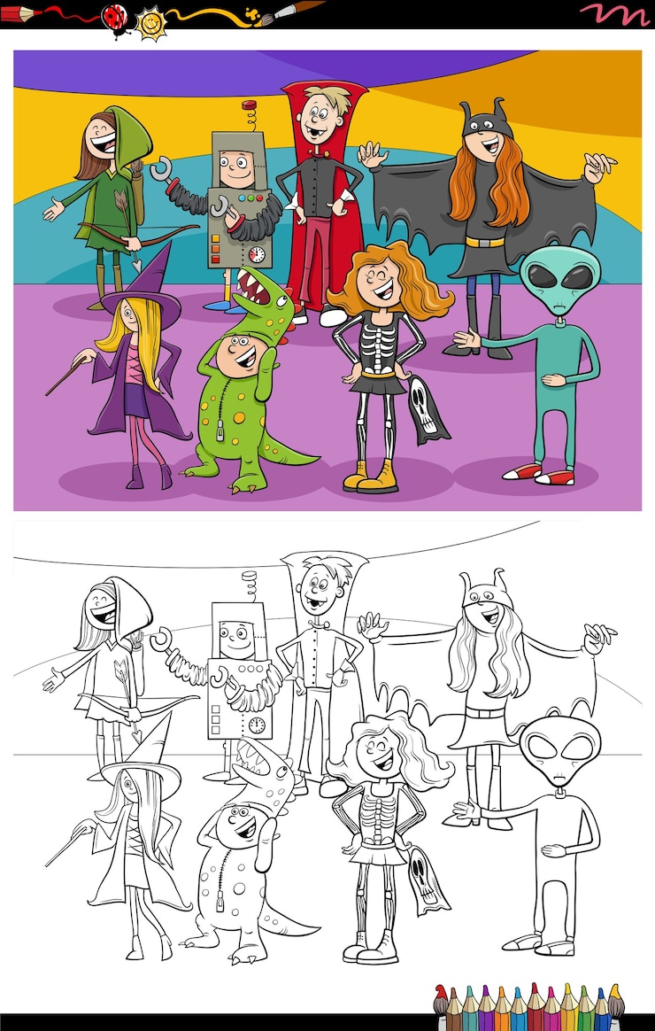 Vector dibujos animados grupo de personajes de halloween página de libro para colorear