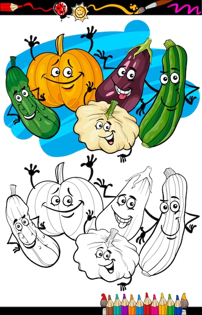 Dibujos animados de grupo de verduras para colorear libro