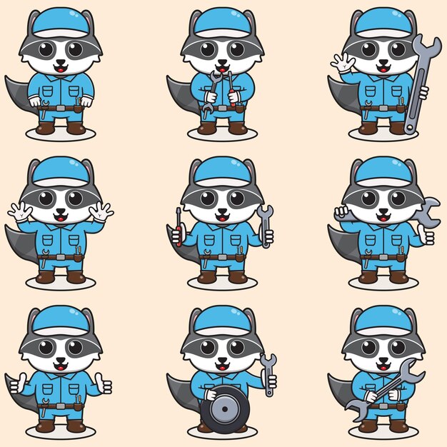 dibujos animados de un guapo mapaches con uniforme de mecánico y gorra
