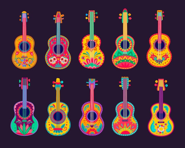 Dibujos animados de guitarras mexicanas, vector instrumentos de música latina de músicos mariachis con patrones de flores brillantes, calaveras calaveras y adornos étnicos de méxico. fiesta del cinco de mayo