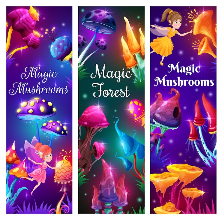 Vector dibujos animados de hadas y setas mágicas en el bosque de fantasía. vector de hongos extraños, cuentos de hadas inusuales o plantas alienígenas de gelatina con tapas brillantes luminosas, destellos voladores y elfos divertidos