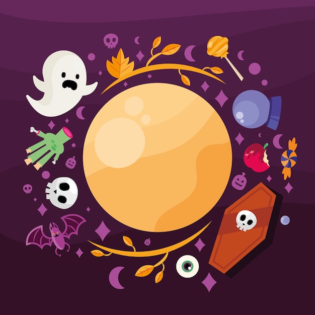 Vector dibujos animados de halloween alrededor del diseño de la luna, tema aterrador