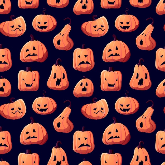 Vector dibujos animados de halloween calabazas patrón de fondo vector feliz halloween tarjeta de felicitación y fiesta de truco o trato diseño sin costuras de jackolantern con cara malvada tallada