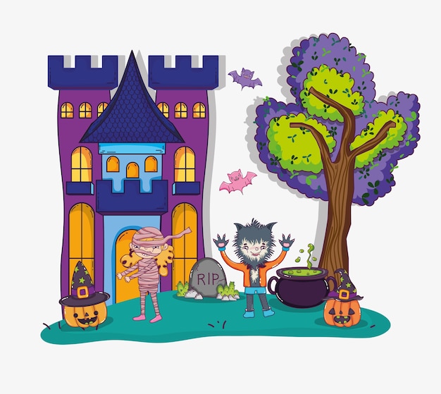 Dibujos animados de halloween y niños