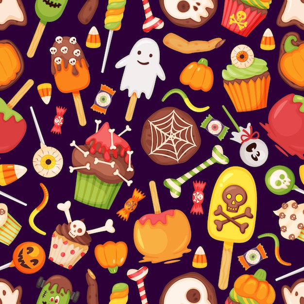 Dibujos animados de Halloween trata caramelos dulces de patrones sin fisuras ojo espeluznante lollipop fantasma textura vectorial