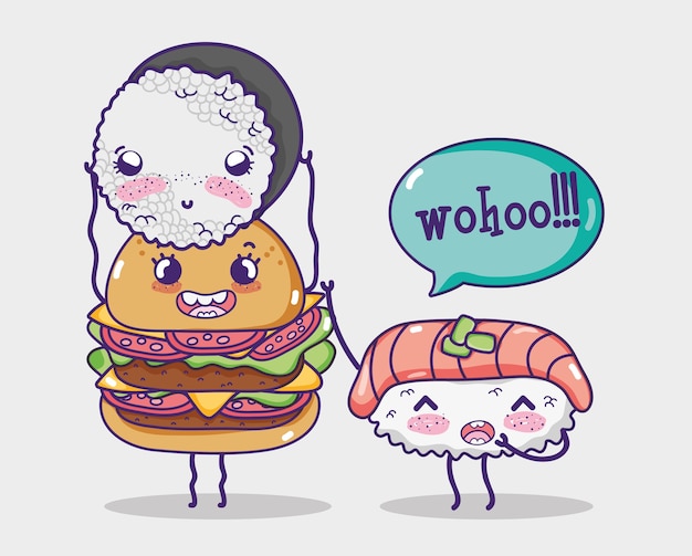 Vector dibujos animados de hamburguesas y sushis kawaii