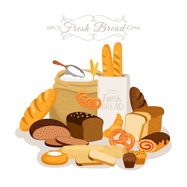 Dibujos animados, harina de pan y pasteles. croissant francés de baguette y desayuno, refrigerios de panadería y pastel de chocolate, pretzel de hojaldre, bollos y pan de centeno en rodajas