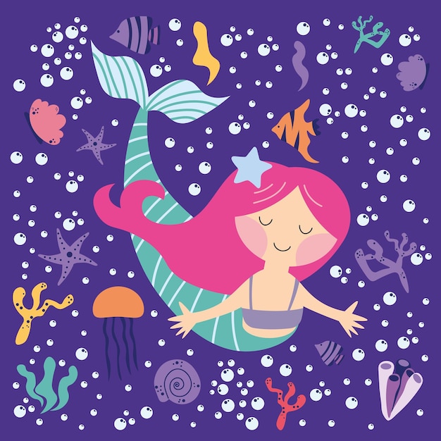 Dibujos animados hermosa sirena con cabello en desarrollo en conchas marinas burbujas de algas sirena tema marino dibujado a mano ilustración vectorial detallada eps