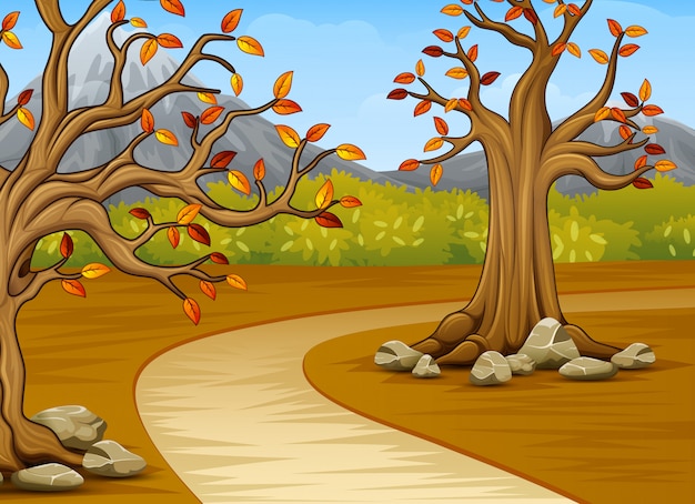 Dibujos animados de hermoso árbol de otoño con un fondo de montaña | Vector  Premium