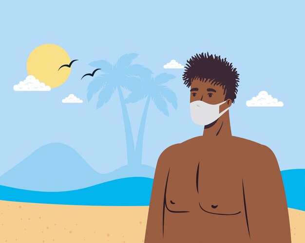 Vector dibujos animados de hombre con máscara médica en el diseño de vector de playa