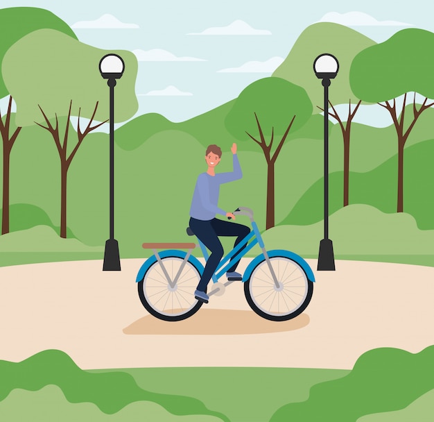 Dibujos animados de hombre montando bicicleta en el parque con lámparas