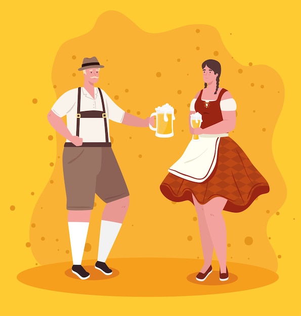 Dibujos animados de hombre y mujer con diseño de tela tradicional, tema de celebración y festival de oktoberfest en alemania