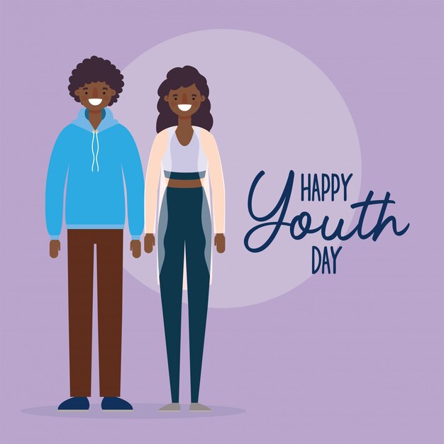 Dibujos animados de hombre y mujer sonriendo de diseño feliz día de la juventud, vacaciones jóvenes y tema de amistad.