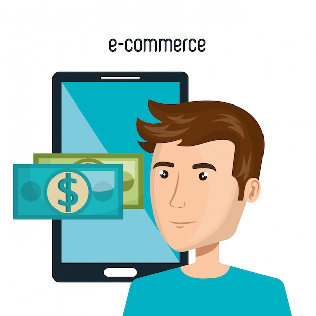 dibujos animados hombre smartphone e-commerce diseño aislado