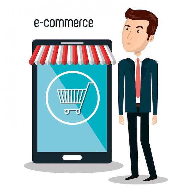 dibujos animados hombre smartphone e-commerce diseño aislado