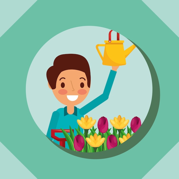 Vector dibujos animados hombre sosteniendo regadera y jardín de flores