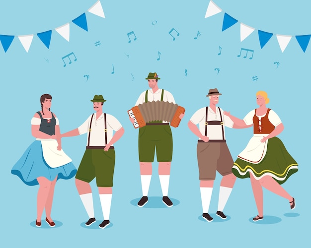 Vector dibujos animados de hombres y mujeres con diseño de baile de tela tradicional, tema de celebración y festival de oktoberfest en alemania