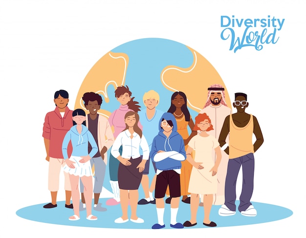 Dibujos animados de hombres y mujeres frente al diseño mundial, tema de diversidad cultural y de amistad