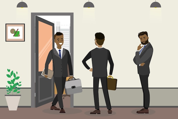 Dibujos animados de hombres de negocios afroamericanos y personas que esperan cerca de la oficina