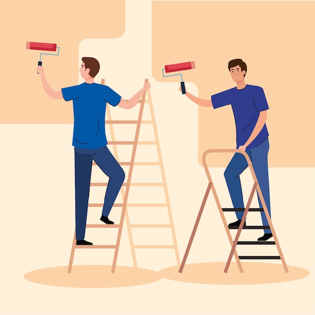 Dibujos animados de hombres pintando con rollo en el diseño de escaleras de remodelación, construcción, trabajo y reparación