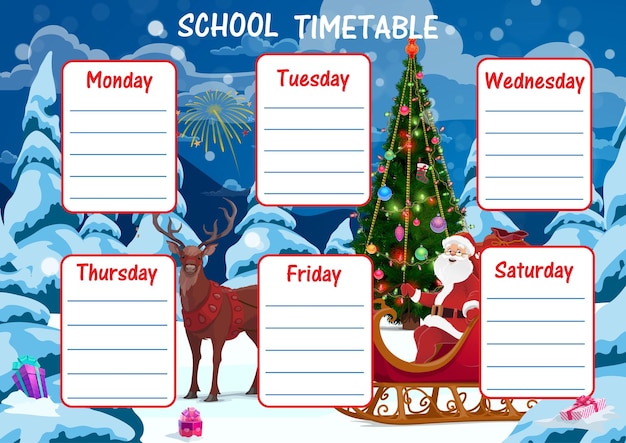 Vector dibujos animados de horario escolar de educación santa claus