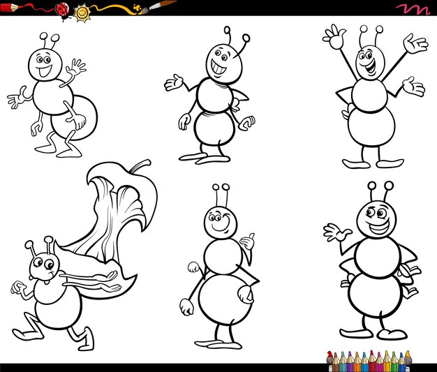 dibujos animados hormigas insectos personajes animales conjunto página de colorear