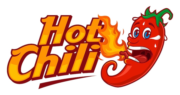 Vector dibujos animados de hot chili con fuego y un vector de texto