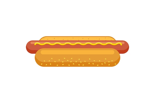 Dibujos animados de hotdog de comida rápida. Salchicha de hot dog en pan con mostaza aislado ilustración vectorial plana