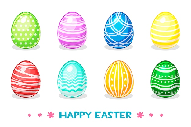 Dibujos animados de huevos de pascua de colores con diferentes adornos