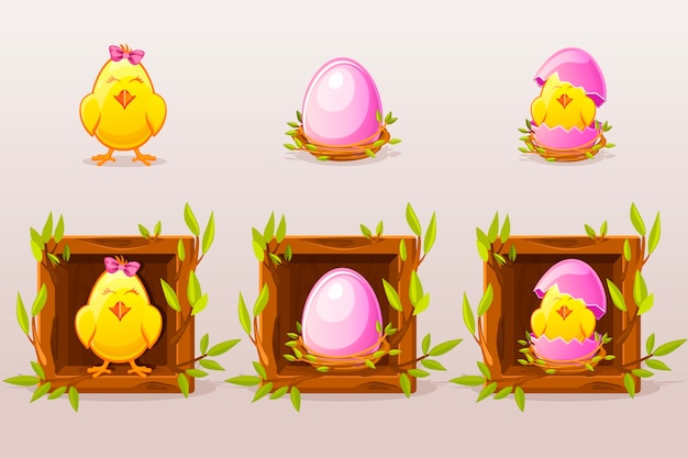 Vector dibujos animados de huevos rosados aislados y pollo en cuadrado de ramitas