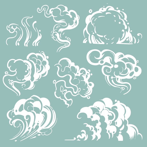 Dibujos animados de humo blanco y nubes de polvo. Vector cómico vapor aislado
