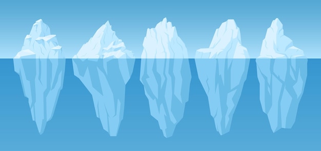 Dibujos animados icebergs glaciares árticos congelados nieve pantanos flotantes ilustración vectorial colección de icebergs