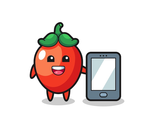 Dibujos animados de ilustración de ají sosteniendo un teléfono inteligente