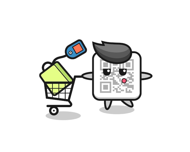 Dibujos animados de ilustración de código qr con un carrito de compras, diseño lindo