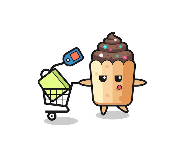 Dibujos animados de ilustración de cupcake con un lindo diseño de carrito de compras
