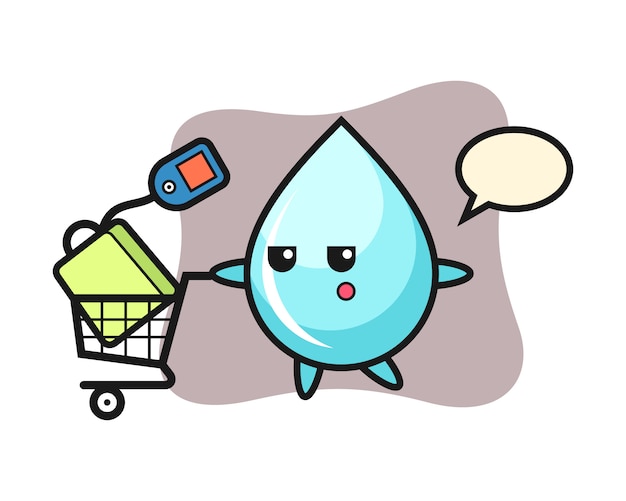 Dibujos animados de ilustración de gota de agua con un carrito de compras, diseño de estilo lindo para camiseta