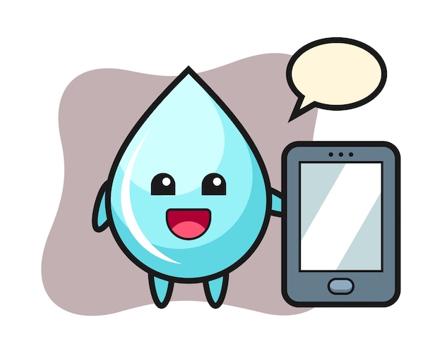 Dibujos animados de ilustración de gota de agua con un teléfono inteligente, diseño de estilo lindo para camiseta